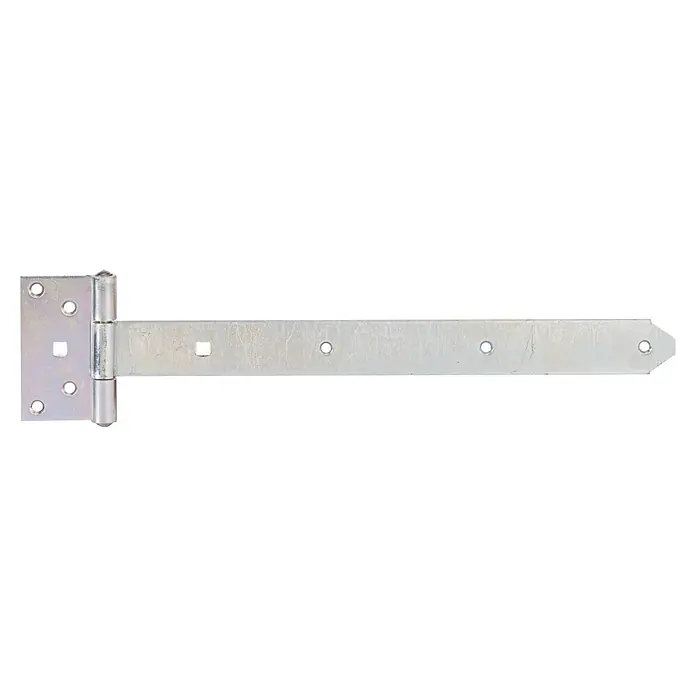 Stabilit Kreuzgehänge - B x L: 105 x 470 mm, Maße Band: 400 x 38 mm - Detailaufnahme eines verzinkten T-Bandes mit Löchern und einem quadratischen Ausschnitt zur Befestigung an Toren oder Türen.