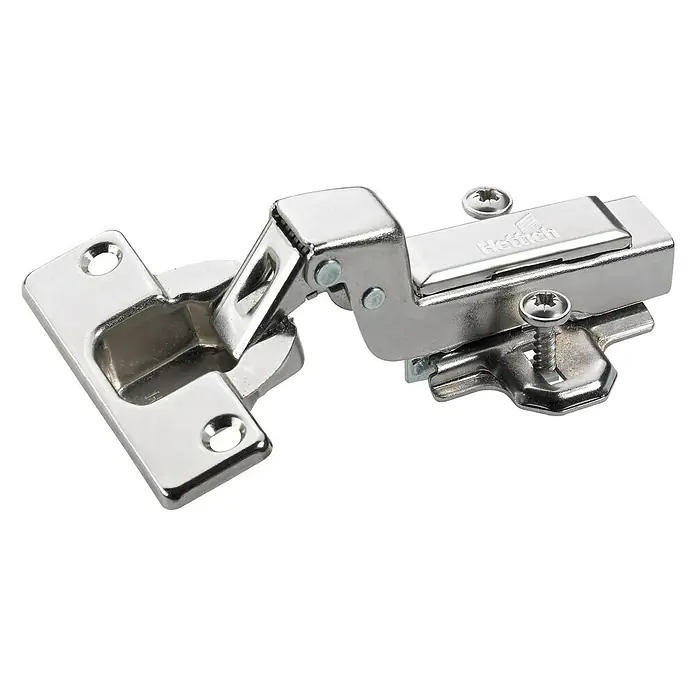 Hettich Topfscharnier - Innenanschlag, Durchmesser Topf: 35 mm, Öffnungswinkel: 0 ° - 110 ° - Ein glänzendes Möbelscharnier mit sichtbaren Schrauben, ideal für die Montage von Schranktüren.