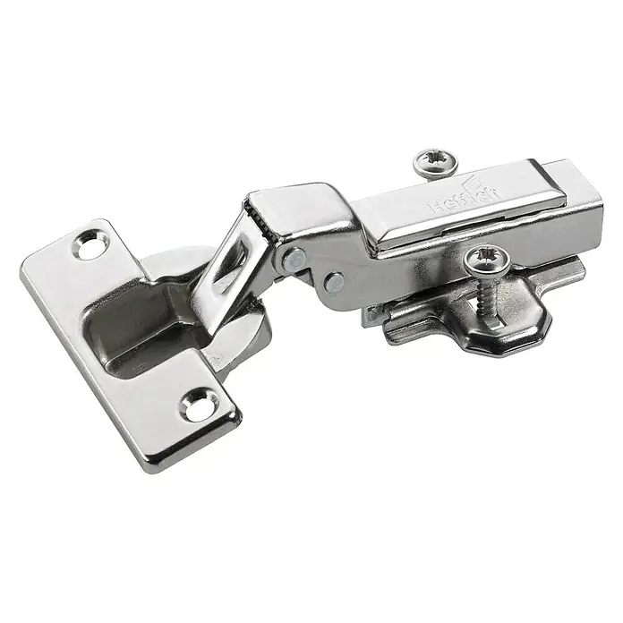 Hettich Topfscharnier - Mittelanschlag, Durchmesser Topf: 35 mm, Öffnungswinkel: 0 ° - 110 ° - Ein glänzendes, silberfarbenes Möbelscharnier mit Schrauben ist auf einem schwarzen Hintergrund abgebildet.