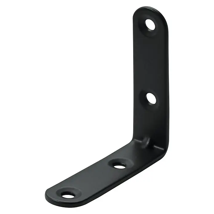 Hettich Stuhlwinkel - L x B x H: 60 x 60 x 15 mm, Stahl, Schwarz - Ein schwarzer Winkelverbinder aus Metall, der im rechten Winkel gebogen ist und Löcher für Schrauben hat. Ideal für die Möbelmontage und Regalbefestigung.