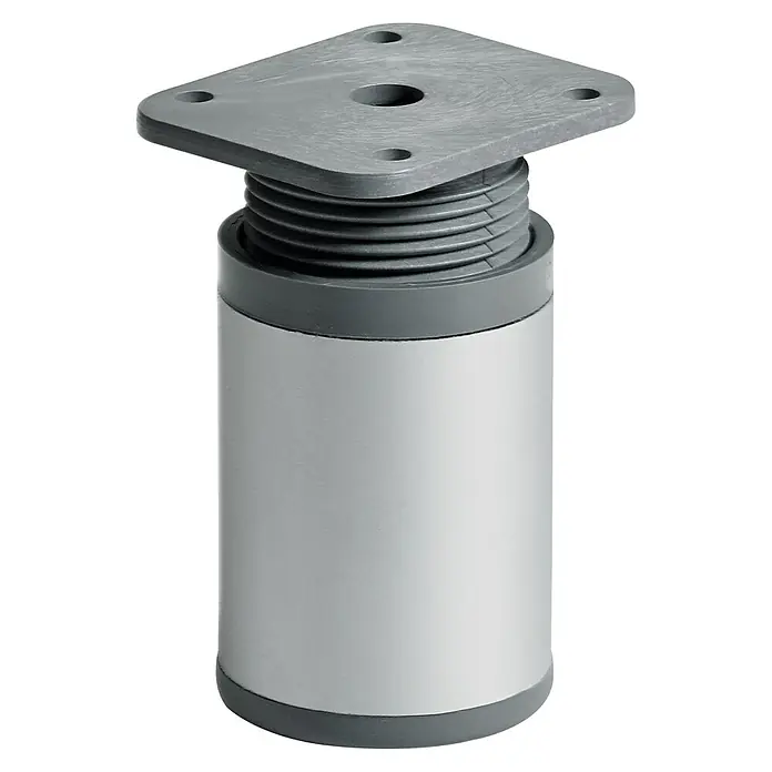 Hettich Teleskop-Möbelfuß - Durchmesser: 4 cm, Höhenverstellung: 6 cm - 7,5 cm, Traglast: 50 kg, Stahl - Ein silberner, verstellbarer Möbelfuß mit grauen Akzenten und einer quadratischen Montageplatte für Möbelstücke.