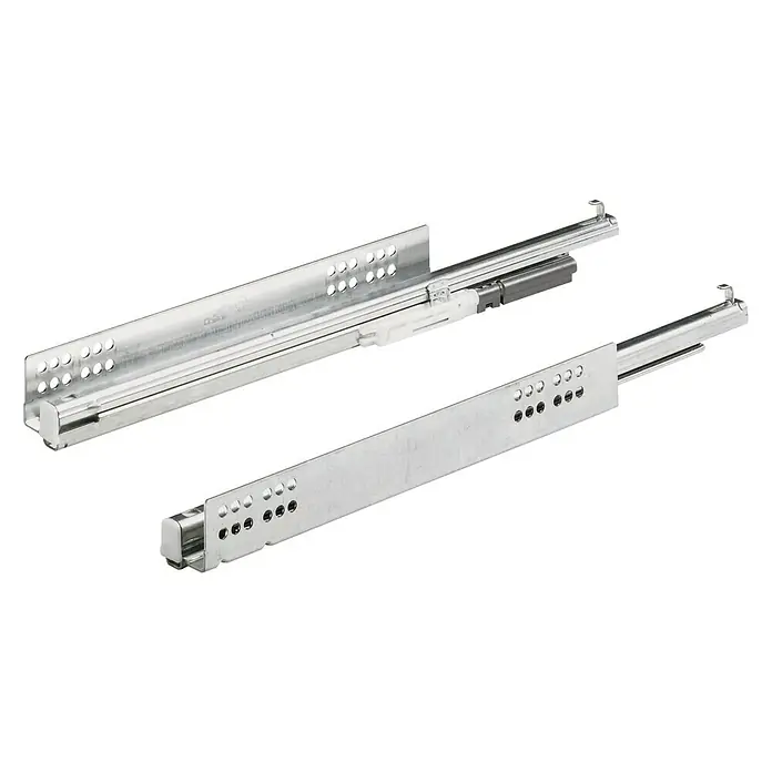 Hettich Schubladenführung - Einbaulänge: 513 mm, Traglast: 30 kg, Vollauszug - Zwei Schubladenschienen aus Metall mit Befestigungslöchern sind vor einem schwarzen Hintergrund dargestellt.