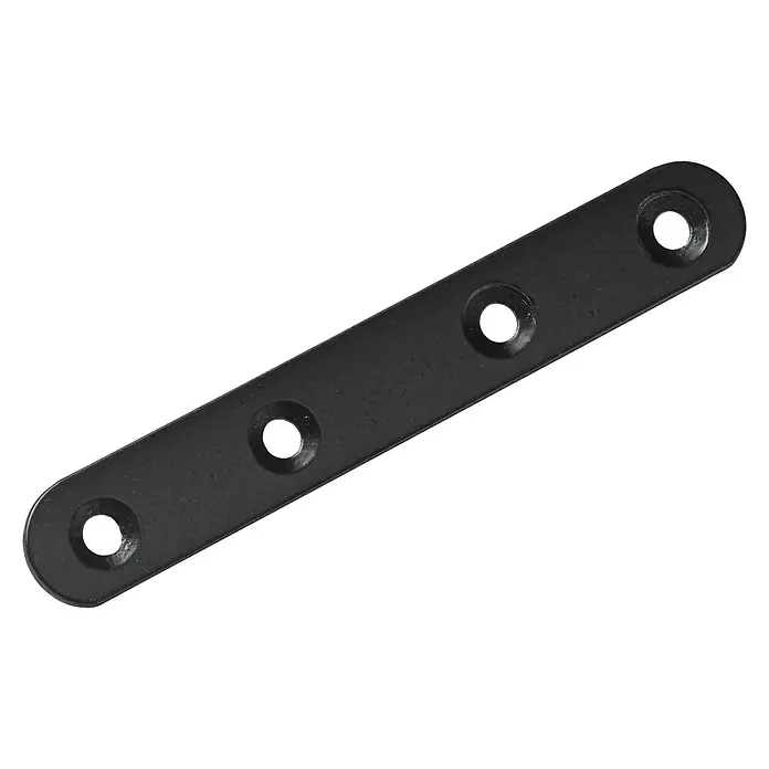 Hettich Verbindungsblech - L x B: 100 x 15 mm, Schwarz, Gesamtstückzahl: 1 Stk. - Eine flache, schwarze Verbindungsplatte mit vier Löchern, die zur Befestigung und Verbindung von Bauteilen in Projekten verwendet wird.