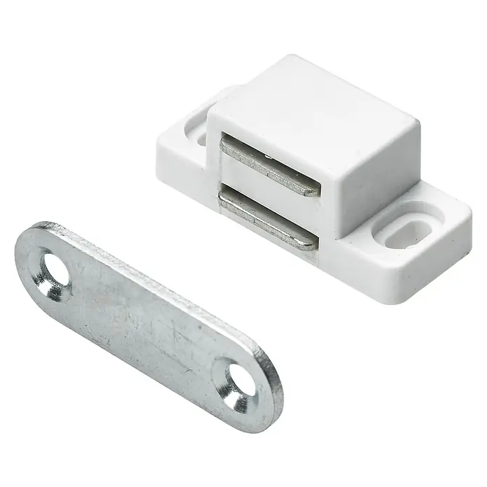 Hettich Magnetverschluss - L x B x H: 36 x 13 x 17 mm, Haftkraft: 2 kg, Weiß - Ein weißer magnetischer Türverschluss und eine silberne Gegenplatte, die zur sicheren Befestigung von Türen und Schubladen verwendet werden.