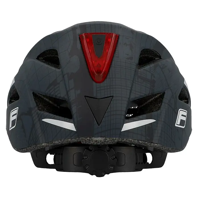 Fischer Fahrradhelm Urban Plus Brooklyn - S/M 52 - 59 cm, Schwarz - Ansicht von hinten eines Fahrradhelms mit roten Lichtern und Belüftungsöffnungen für erhöhten Komfort und Sicherheit beim Radfahren.