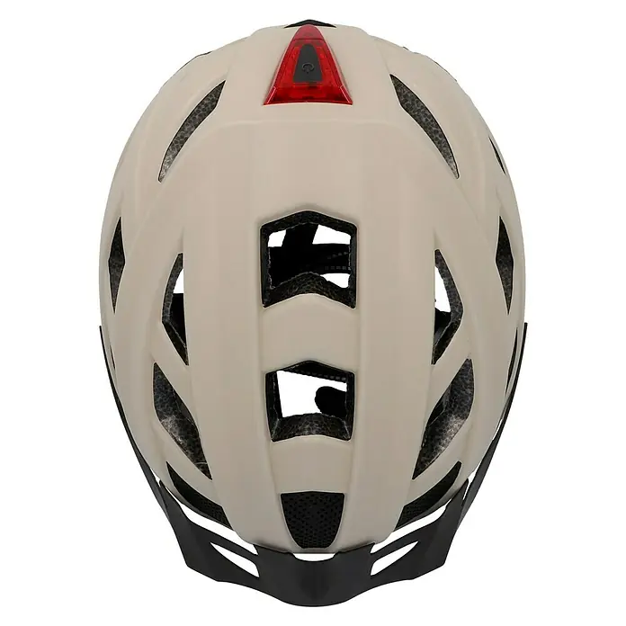 Fischer Fahrradhelm Urban Plus Dallas - S/M 52 - 59 cm, Beige - Nahaufnahme eines Fahrradhelms in Beige mit Belüftungsöffnungen und rotem Rücklicht für Radfahrsicherheit.