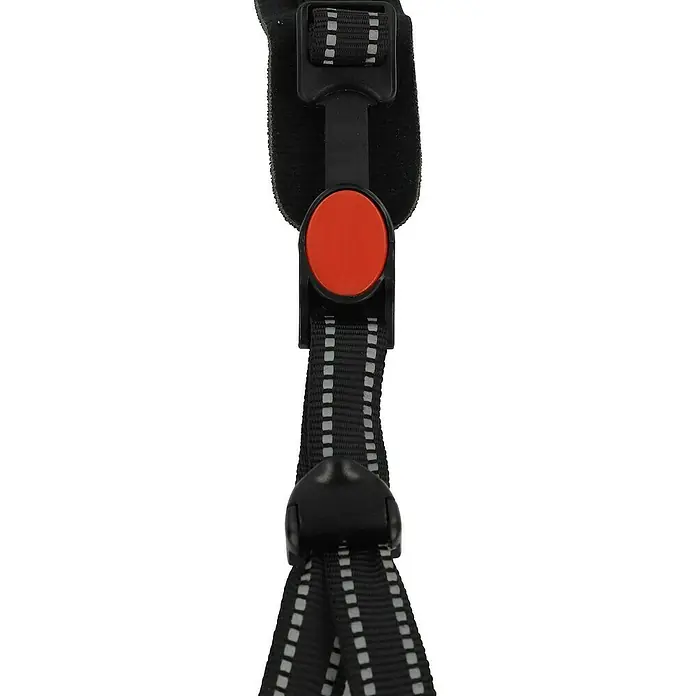 Fischer Fahrradhelm Urban Plus Brooklyn - S/M 52 - 59 cm, Schwarz - Detailaufnahme eines schwarzen Hundegeschirrs mit roten Akzenten und reflektierenden Streifen für bessere Sichtbarkeit.