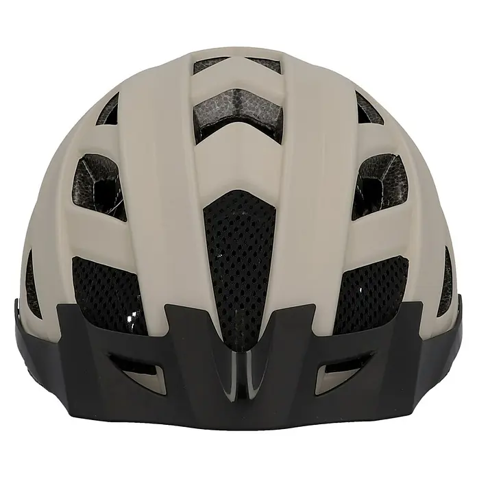 Fischer Fahrradhelm Urban Plus Dallas - S/M 52 - 59 cm, Beige - Rückansicht eines cremefarbenen Fahrradhelms mit Belüftungsöffnungen und schwarzer Krempe für zusätzlichen Schutz.