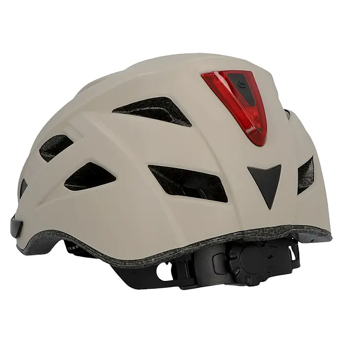 Fischer Casco para bicicleta Urban Plus Dallas - S/M 52 - 59 cm, Beige - Vista trasera de un casco de bicicleta beige con luz trasera roja y orificios de ventilación para una óptima circulación del aire al andar en bici.