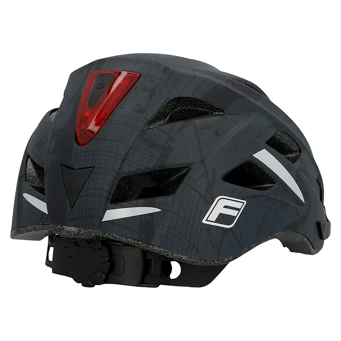Fischer Fahrradhelm Urban Plus Brooklyn - S/M 52 - 59 cm, Schwarz - Nahaufnahme eines grauen Fahrradhelms mit rotem Rücklicht und reflektierenden Elementen für mehr Sicherheit.