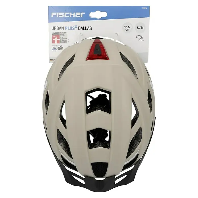 Fischer Casco para bicicleta Urban Plus Dallas - S/M 52 - 59 cm, Beige - Primer plano del casco de bicicleta Fischer Urban Plus Dallas en beige, con luces LED y detalles de tamaño.