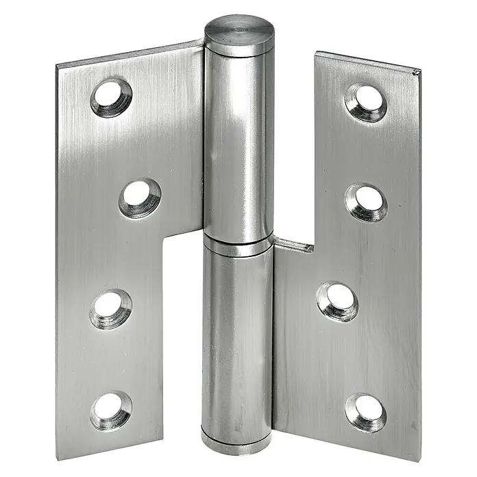 Hettich Türband - L x B x S: 100 x 85 x 3 mm, DIN-R - Nahaufnahme eines Türbands aus Edelstahl mit präzisen Schraubenlöchern und einem robusten Scharnierstift. Ideal für moderne Türen.