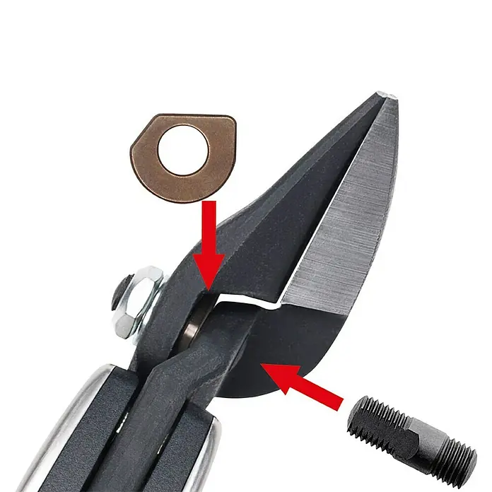 Bessey Ideal-Schere D39ASS - 230 mm, Rechtsschneidend - Blechschere mit Bolzen und Unterlegscheibe zur Veranschaulichung der Demontage oder Reparatur.