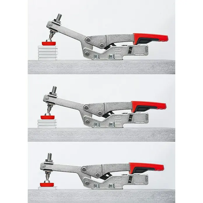 Bessey Waagrechtspanner STC-HH 20 - Spannweite: 20 mm, Spannkraft: 1.100 N - Produktdarstellung: Eine Kniehebelspanner-Vorrichtung in drei verschiedenen Spannpositionen, ideal für Werkstatt und Montage.
