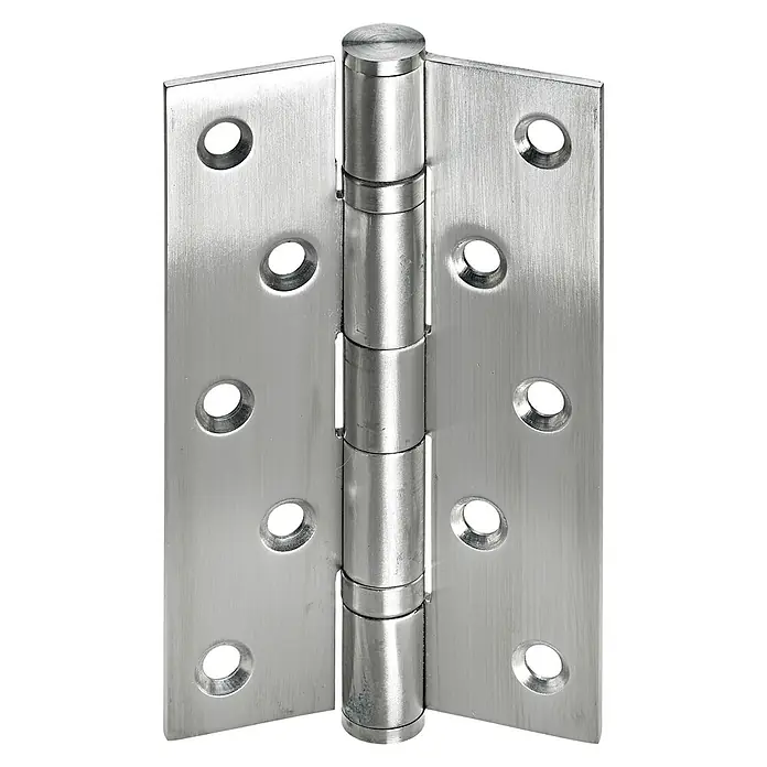 Hettich Türscharnier - L x B x S: 125 x 75 x 3 mm, Edelstahl - Nahaufnahme eines silberfarbenen Türbandes. Das Türband besteht aus zwei Flügeln und einem zylindrischen Bolzen.