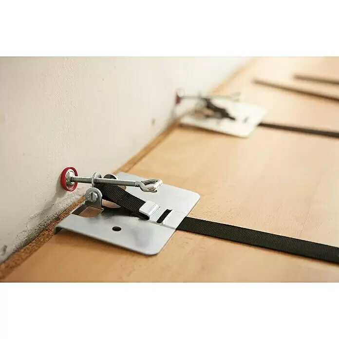 Bessey Parkett-Verlege-Hilfe SVH 400 - Spannweite: 4 m - Metallener Bodenverlegespanner mit schwarzem Gurt, der Holzdielen an eine Wand zieht.