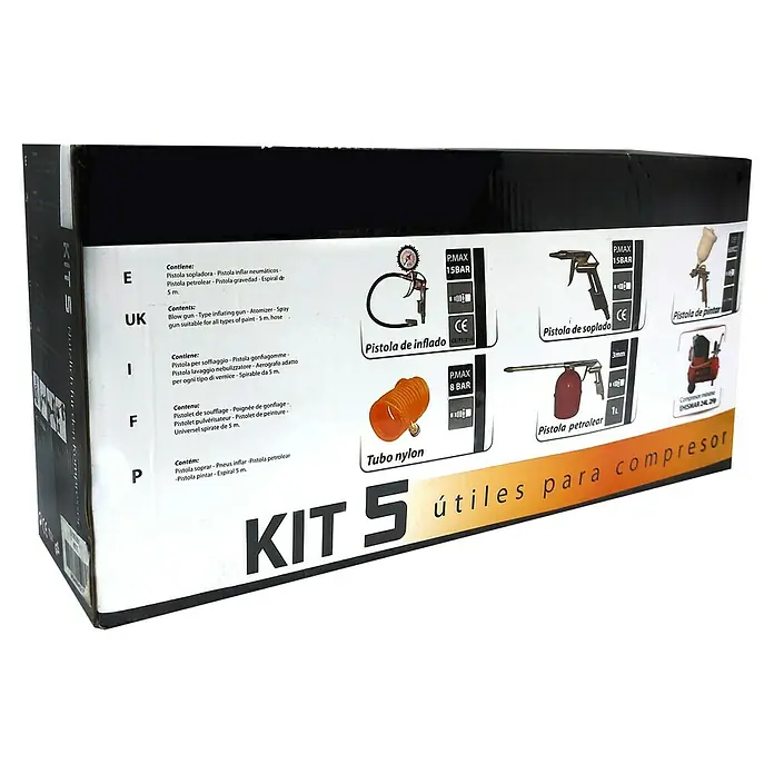 Juego de pistolas neumáticas PRO CA-CK3300 - Específico para: Compresores - Caja de accesorios para compresor "KIT 5" con diversas herramientas y componentes como un tubo de nailon y pistolas de pulverización.