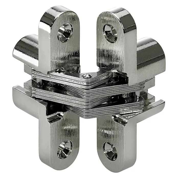 Hettich Scharnier - L x B x H: 26,5 x 94 x 19 mm, Edelstahl - Eine Nahaufnahme eines polierten, mehrgelenkigen Möbelscharniers. Das Scharnier ist metallisch und reflektiert das Licht stark.