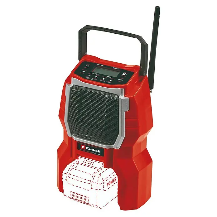 Einhell Power X-Change 18V Akku-Baustellenradio TC-RA 18 Li-SoloSchwarz/Rot, Akkuspannung: 18 V, Anzahl Akkus: Ohne Akku, Frequenz: 87,5 - 108,0 kHz (FM) - Ein rotes Einhell Baustellenradio mit Tragegriff und Antenne, ideal für den Einsatz auf Baustellen.