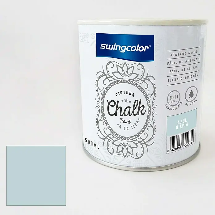 swingcolor Pintura de tiza Chalk Paint - Azul Sílvia, 500 ml - Bote de pintura Chalk "Azul Silvia" de Swingcolor en azul claro, ideal para muebles y decoraciones con un acabado mate y buena cobertura.