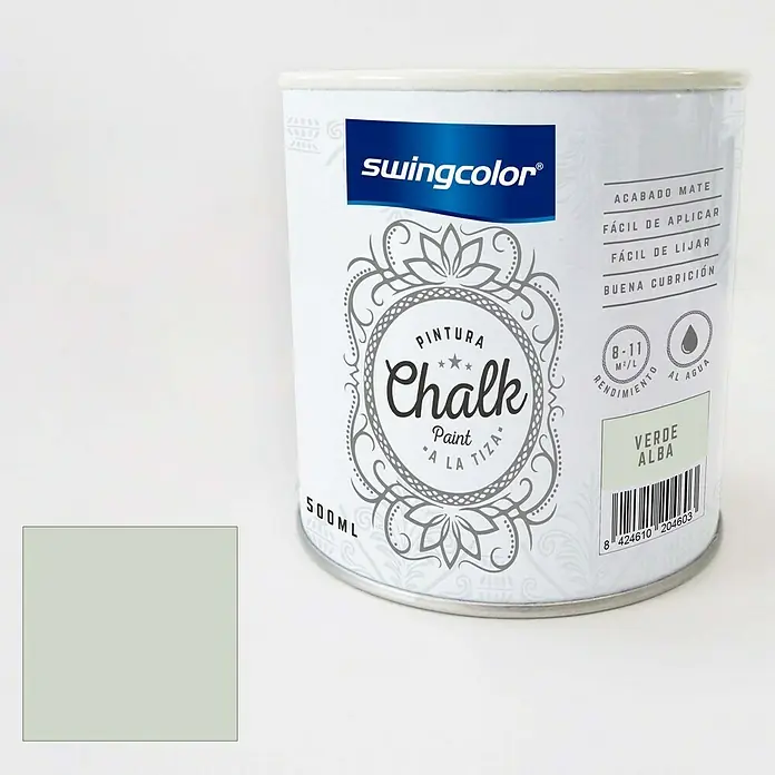 swingcolor Pintura de tiza Chalk Paint - Verde Alba, 500 ml - Bote de 500 ml de pintura a la tiza Swingcolor en "Verde Alba", con acabado mate, fácil de aplicar y lijar, con buena cubrición y base al agua.