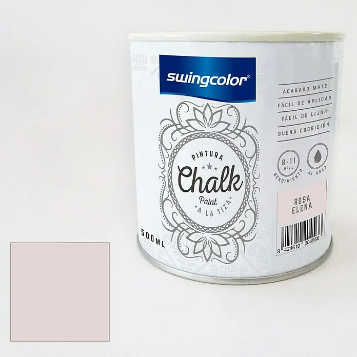 swingcolor Pintura de tiza Chalk Paint - Rosa Elena, 500 ml - Bote de 500 ml de pintura a la tiza "Rosa Elena" de Swingcolor, acabado mate, fácil de aplicar y lijar, buena cubrición.