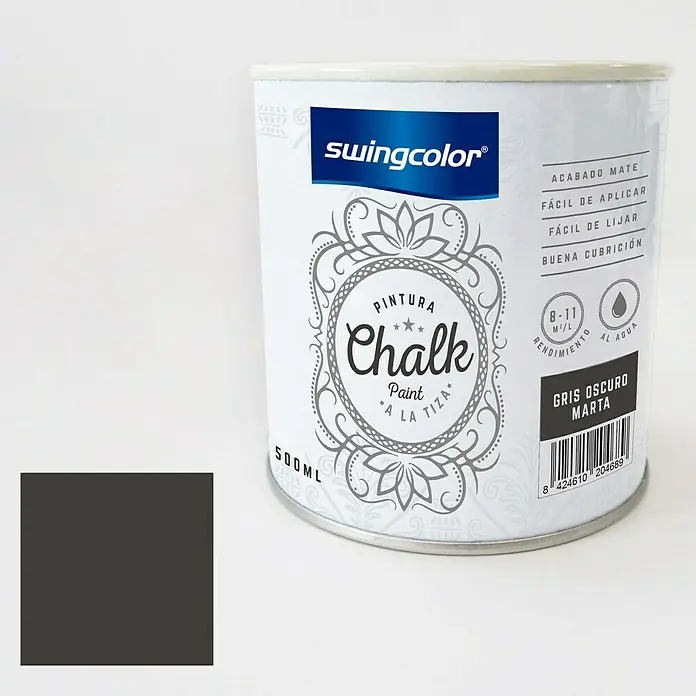 swingcolor Pintura de tiza Chalk Paint - Gris Marta, 500 ml - Bote de 500 ml de pintura a la tiza Swingcolor "Gris Oscuro Marta", para un acabado mate, fácil de aplicar, lijar y con buena cubrición.