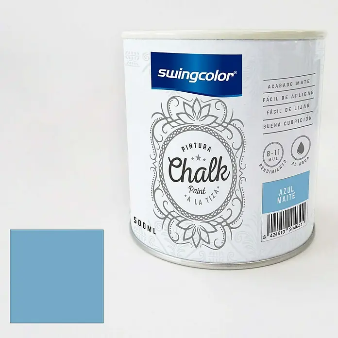 swingcolor Pintura de tiza Chalk Paint - Azul Maite, 500 ml - Bote de pintura a la tiza Swingcolor "Azul Maite", 500 ml, para muebles y decoración de interiores, con acabado mate y buena cubrición.