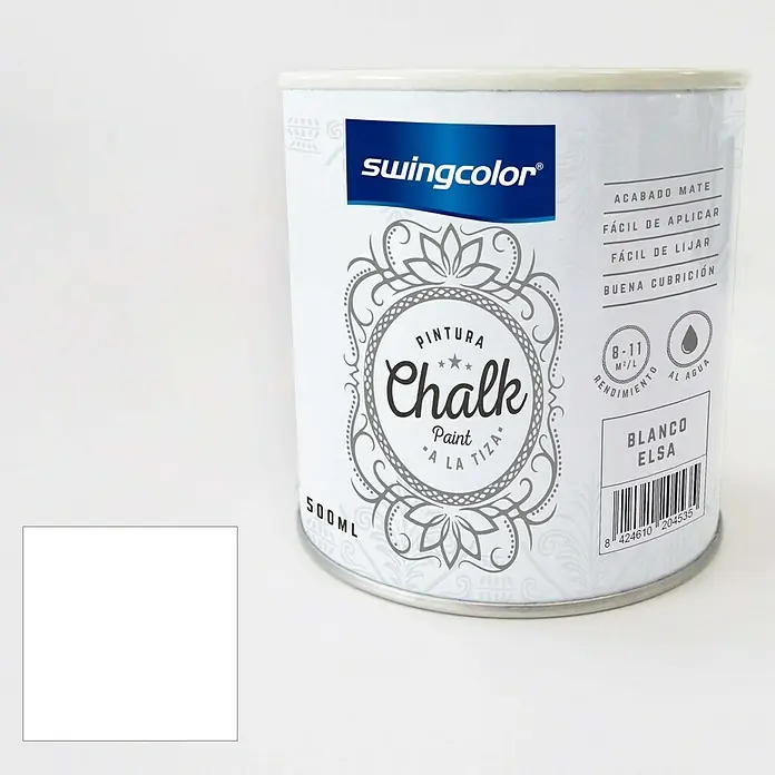swingcolor Pintura de tiza Chalk Paint - Blanco Elsa, 500 ml - Un bote de pintura de tiza Swingcolor en "Blanco Elsa", con un acabado mate, ideal para muebles y proyectos DIY.