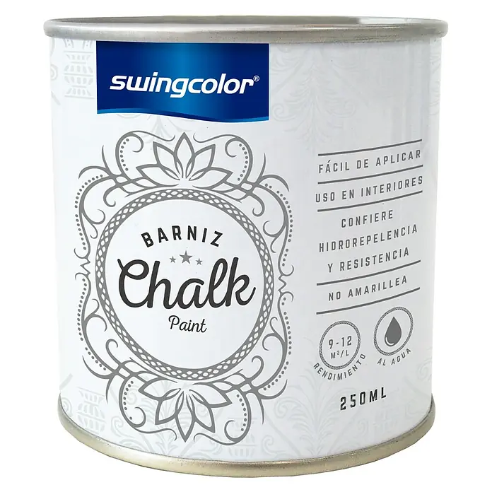 swingcolor Barniz transparente Chalk - Incolora, 250 ml - Bote de pintura a la tiza Swingcolor. Pintura a la tiza para muebles y decoraciones, ideal para interiores, hidrófuga y no amarillea.