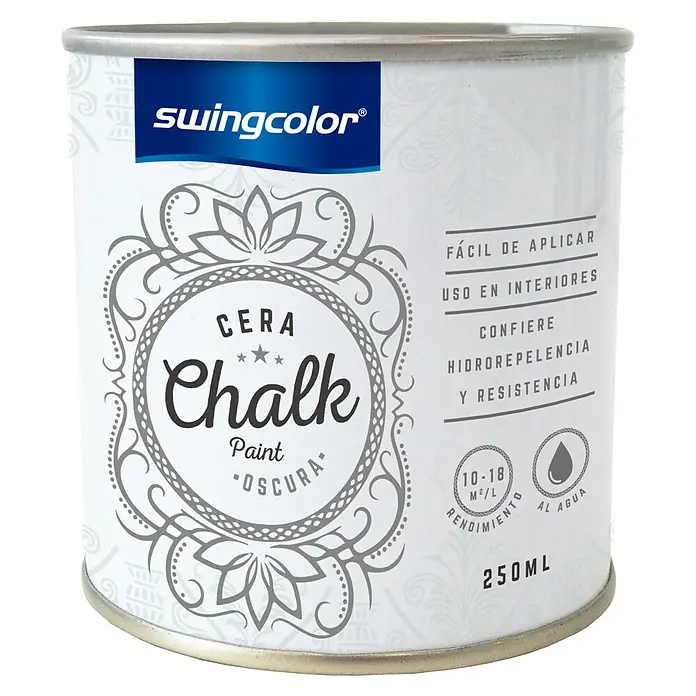 swingcolor Cera Chalk - Oscura, 250 ml - Bote de Pintura a la Tiza Swingcolor Cera Oscura con la inscripción "Fácil de aplicar, para interiores, hidrófuga y resistente, 250ml".
