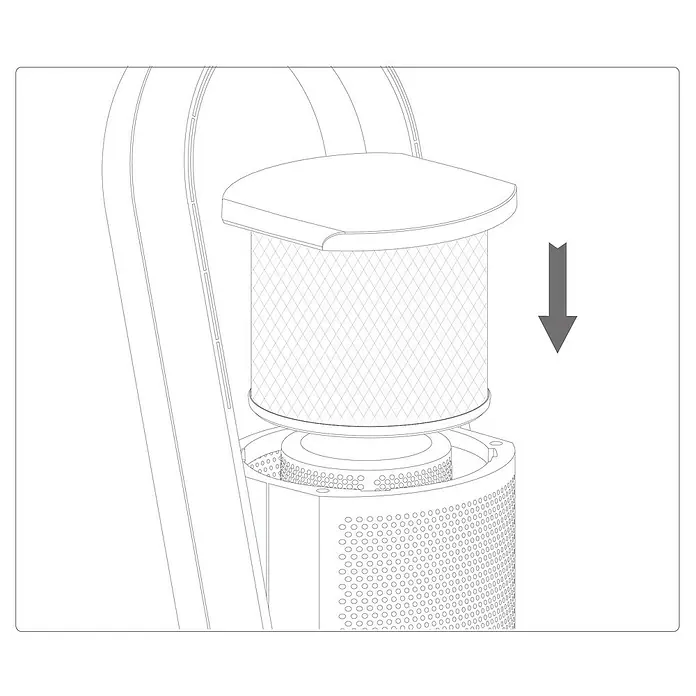 HEPA-Filter - Passend für: Proklima Mini-Turmventilator 28239903 - Bild zeigt das Einsetzen des Filters in einen Luftreiniger. Der Pfeil deutet die Richtung der Bewegung an.