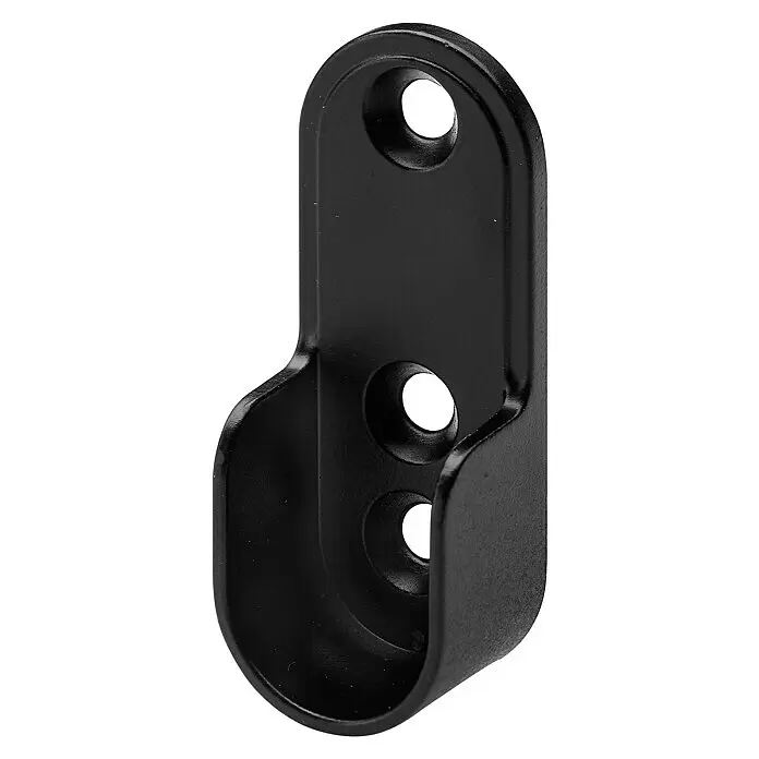 Hettich Kleiderstangenlager - Stahl, 2 Stk., Lochdurchmesser 1: 30 mm, Lochdurchmesser 2: 15 mm - Schwarze Metall-Kleiderstangenhalterung mit zwei Befestigungslöchern.