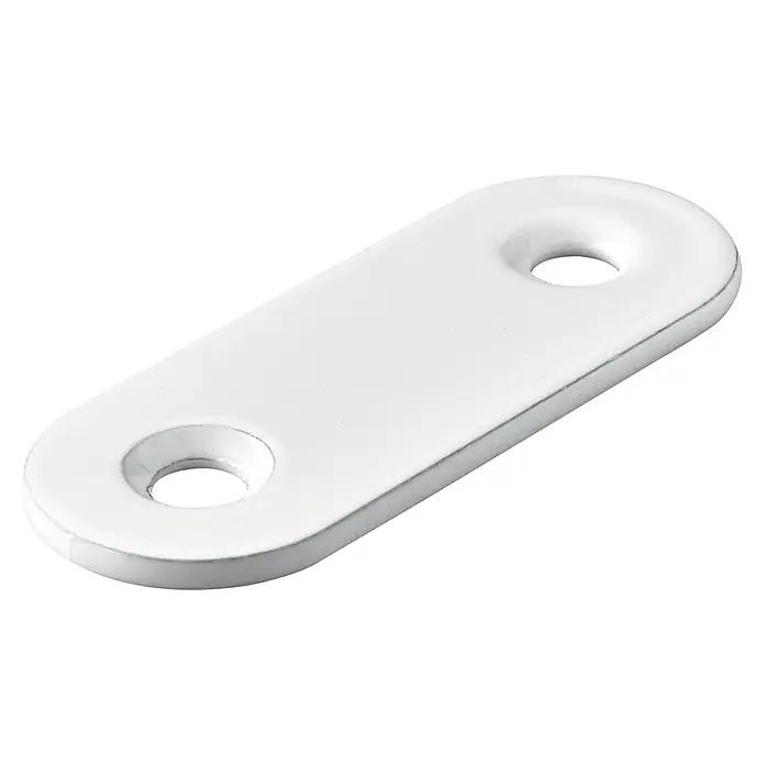 Hettich Verbindungsblech - L x B x S: 40 x 15 x 2 mm, Weiß, Gesamtstückzahl: 1 Stk. - Eine weiße, längliche Kunststoffplatte mit zwei Bohrlöchern, ideal als Befestigungselement oder Verbindungselement.