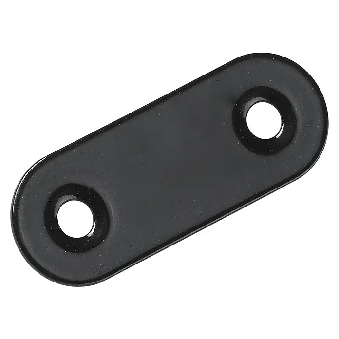 Hettich Verbindungsblech - L x B x S: 40 x 15 x 2 mm, Schwarz, Gesamtstückzahl: 1 Stk. - Nahaufnahme einer schwarzen, länglichen Verbindungsplatte mit zwei Löchern, ideal für diverse Montagearbeiten.