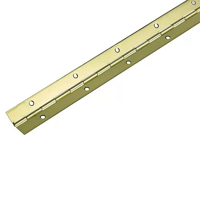 Hettich Stangenscharnier - L x B x S: 1.200 x 32 x 0,6 mm, Vermessingt - Nahaufnahme eines langen, goldfarbenen Messing-Klavierbandes mit Schraublöchern.
