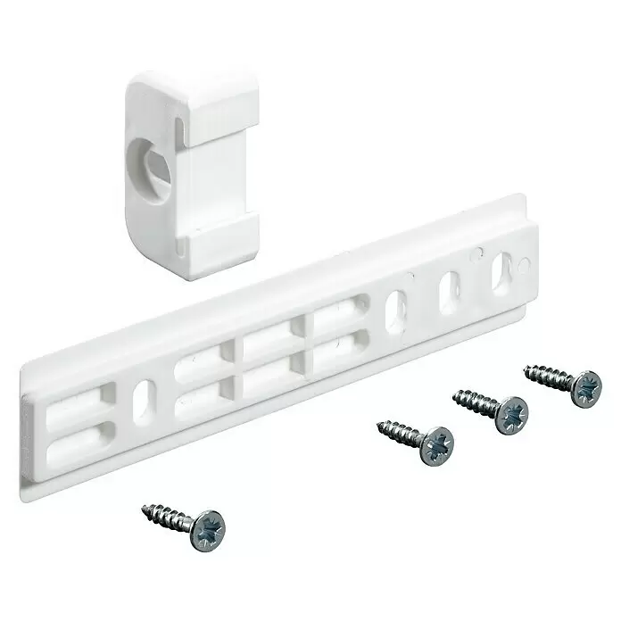 Hettich Schiebebeschlag - L x B: 108 x 38,5 mm, Weiß, Kunststoff - Weißer Kunststoffhalter und eine lange, perforierte Lüftungsleiste, dazu vier silberne Schrauben zur Montage.