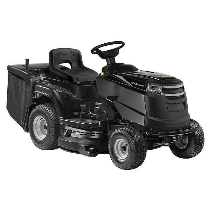 Alpina Tractor cortacésped AT4 98 HWA - 10,4 kW, 586 cm³, Ancho de corte: 98 cm, Recomendación máxima de superficie: 4.500 m² - Tractor cortacésped negro con cesta de recogida, modelo RT4 98 HWA, ideal para el mantenimiento del césped. Robusto y potente.