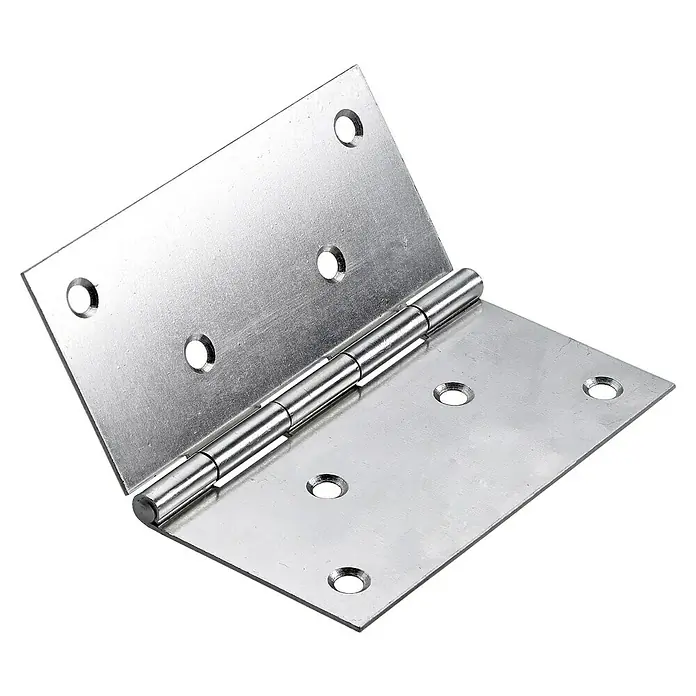 Hettich Scharniere - L x B x S: 100 x 100 x 1,5 mm, Verzinkt - Ein silbernes Türscharnier aus Metall mit sichtbaren Schraubenlöchern, ideal für Möbel oder Türinstallationen.