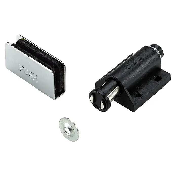 Hettich Magnetverschluss - L x B x H: 28 x 29 x 17 mm, Haftkraft: 2 kg, Schwarz - Das Bild zeigt einen Push-to-Open Möbelbeschlag mit einem magnetischen Gegenstück und einer Montageplatte für eine einfache Installation.
