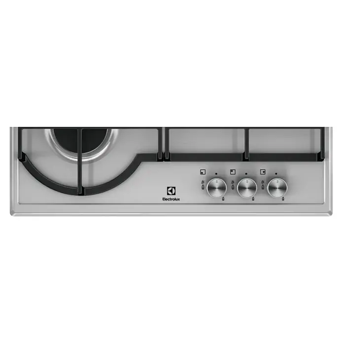 Electrolux Placa de cocción de gas EGH6333BOX - L x An: 51 x 59,5 cm, Número de quemadores de gas: 3 ud. - Primer plano de una placa de gas Electrolux con acabado en acero inoxidable, que muestra tres mandos de control y robustos soportes para la placa.\n