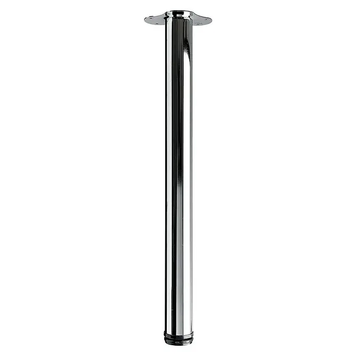 Hettich Teleskop-Möbelfuß - Durchmesser: 6 cm, Höhenverstellung: 70 cm - 73 cm, Traglast: 100 kg, Stahl, Silber, Verchromt - Ein glänzendes, silbernes Tischbein aus Metall mit einer flachen Montageplatte. Ideal für moderne Möbeldesigns.