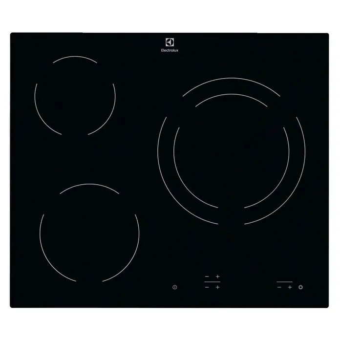 Electrolux Placa de cocción vitrocerámica EHF6231IOK - Número de fogones estándar: 3 ud. - La imagen muestra una placa de inducción Electrolux negra con tres zonas de cocción de diferentes tamaños y elementos de control táctil.