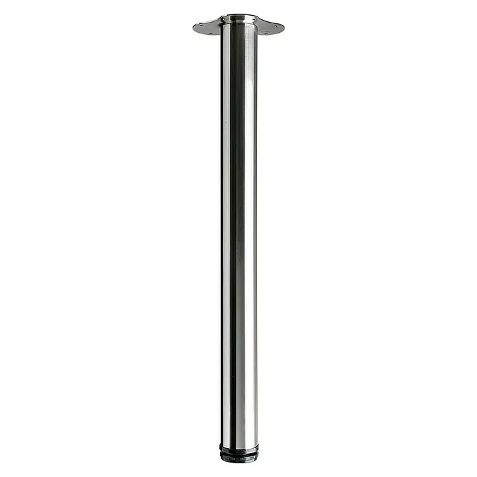 Hettich Teleskop-Möbelfuß - Durchmesser: 6 cm, Höhenverstellung: 70 cm - 73 cm, Traglast: 100 kg, Stahl, Silber, Pulverbeschichtet - Metalltischbein in Silber mit einer Montageplatte oben und einem schwarzen, verstellbaren Fuß für Stabilität und Anpassungsfähigkeit.