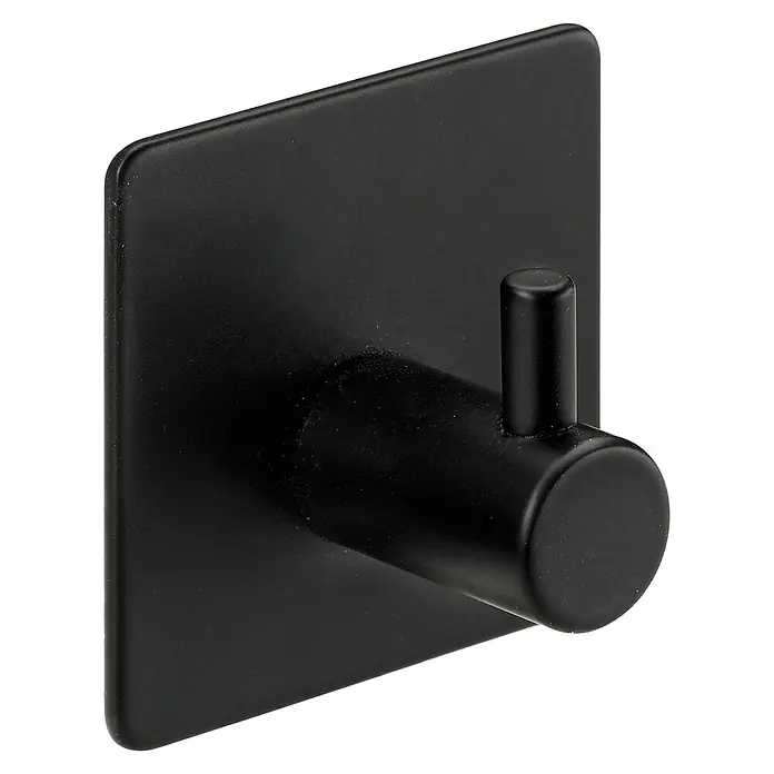 Hettich Garderobenhaken - Eckig - Nahaufnahme eines einzelnen, selbstklebenden schwarzen Wandhakens mit quadratischer Basis und zylindrischem Hakenarm, ideal für Bad oder Küche.