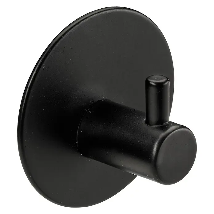 Hettich Garderobenhaken - Rund - Nahaufnahme eines schwarzen Wandhakens mit runder Basis und kurzem, zylindrischem Hakenarm, ideal für Bad oder Küche.