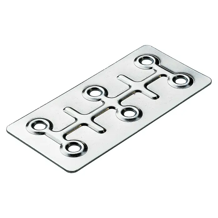 Hettich Verbindungsblech - L x B: 86 x 40 mm, 1 Stk. - Nahaufnahme einer silberfarbenen Möbelverbinderplatte mit mehreren Löchern, die für eine stabile Befestigung sorgt.