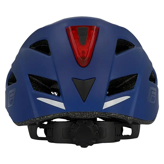 Fischer Fahrradhelm Urban Plus Boston - L/XL 58 - 61 cm, Dunkelblau - Nahaufnahme eines blauen Fahrradhelms mit rotem Rücklicht und E-Logo für verbesserte Sicherheit und Sichtbarkeit.
