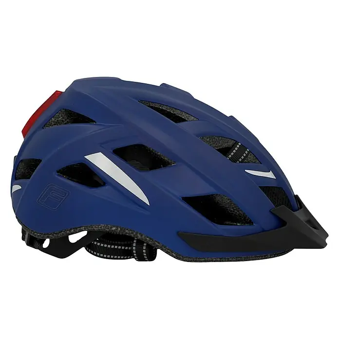 Fischer Fahrradhelm Urban Plus Boston - L/XL 58 - 61 cm, Dunkelblau - Blauer Fahrradhelm mit weißem Streifen und schwarzem Visier, der Sicherheit und Stil auf jeder Fahrt bietet.