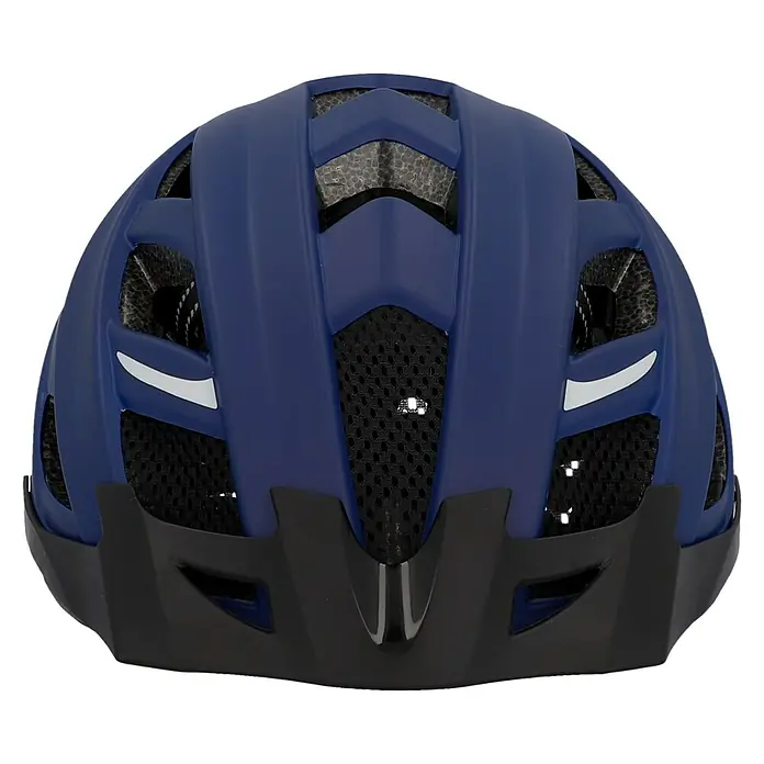 Fischer Fahrradhelm Urban Plus Boston - L/XL 58 - 61 cm, Dunkelblau - Nahaufnahme eines blauen Fahrradhelms mit schwarzem Visier, der Schutz und Stil auf jeder Fahrt vereint.